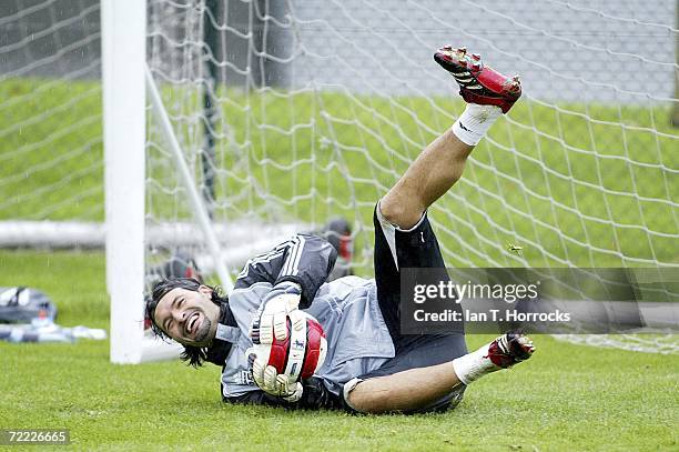 Goal Keeper Pavel Srnicek laughs as he makes a save during a training session at the Newcastle United training ground on October 20, 2006 in Benton,...