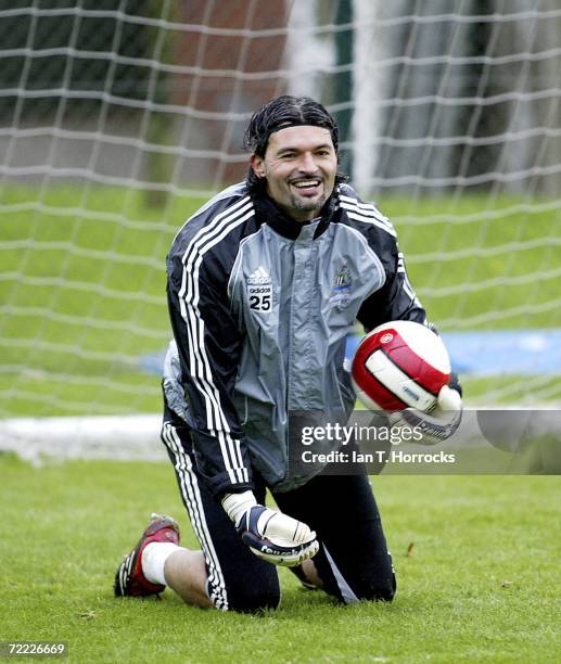 Goal Keeper Pavel Srnicek laughs after he makes a save during a training session at the Newcastle United training ground on October 20, 2006 in...