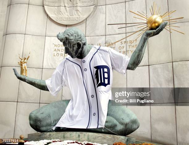 The Spirit of Detroit statue sits dressed in a giant Detroit Tigers jersey October 20, 2006 in Detroit, Michigan. The Tigers will face the St. Louis...