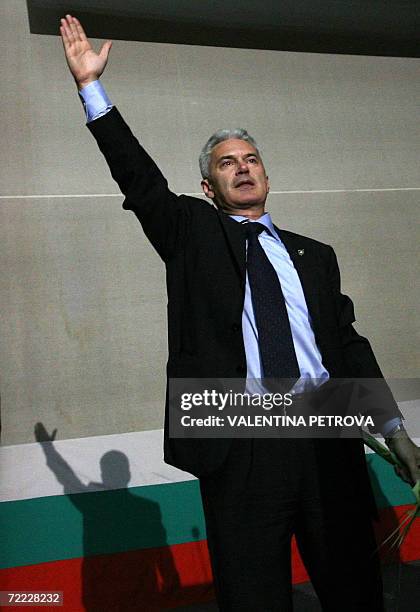 Ultra nationalist presidential candidate Volen Siderov greets his supporters during the final meeting of his pre-election campaign in Sofia, 20...