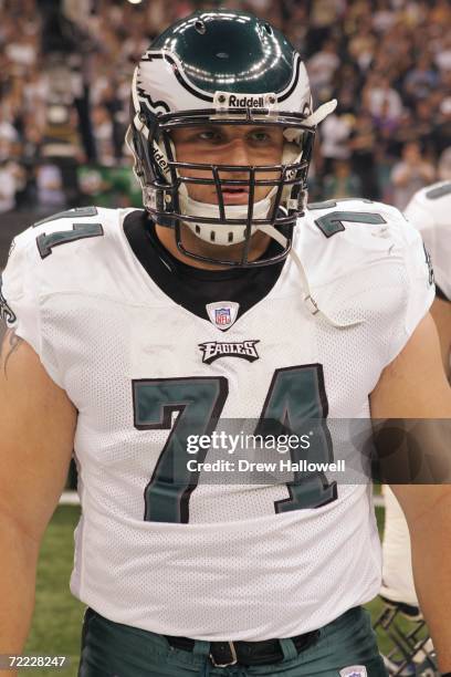 Guard Scott Young of the Philadelphia Eagles stands on the sideline during the game against the New Orleans Saints on October 15, 2006 at the...