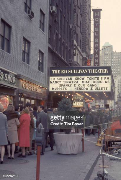 Line of people waits outside the Ed Sullivan Theater in the hopes of becoming the studio audience for the Ed Sullivan show, May 1968. The episode,...