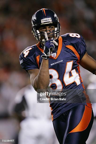 Wide receiver Javon Walker of the Denver Broncos gestures against the Oakland Raiders on October 15, 2006 at Invesco Field at Mile High in Denver,...