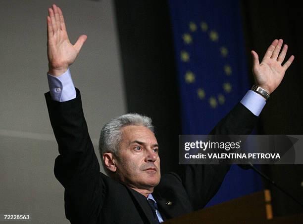 Ultra nationalist presidential candidate Volen Siderov greets his supporters during the final meeting of his pre-election campaign in Sofia, 20...