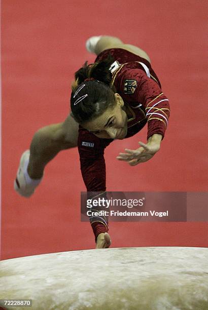 Oksana Chusovitina of Germany performs on the Vault in the the womens individual finals, during the World Artistic Gymnastics Championships at the...