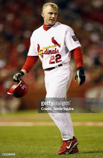 David Eckstein of the St. Louis Cardinals walks off during against the New York Mets in game three of the NLCS at Busch Stadium on October 14, 2006...