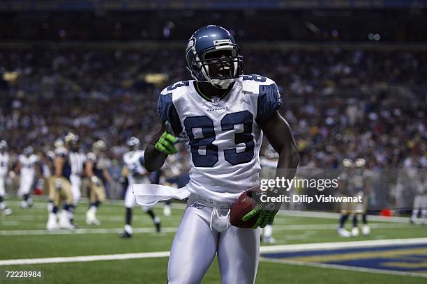 Wide receiver Deion Branch of the Seattle Seahawks celebrates during the game against the St. Louis Rams at Edward Jones Dome in St. Louis, Missouri...