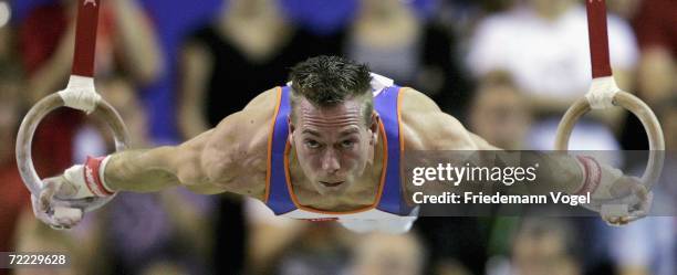 Yuri van Gelder of Netherlands performs on the rings in the the mens individual finals during the World Artistic Gymnastics Championships at the NRGi...