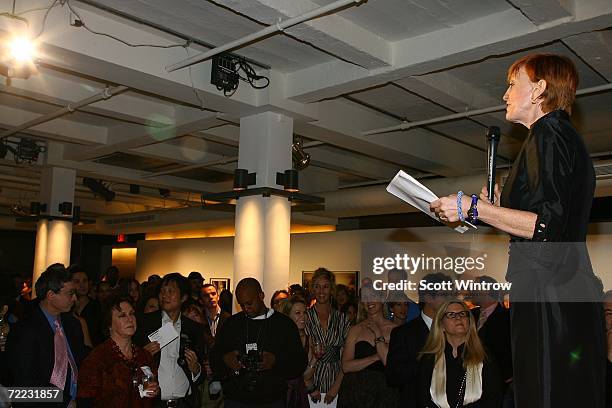 Kathy Eldon speaks during the Dan Eldon Photo Exhibit at The Xchange on October 20, 2006 in New York City.