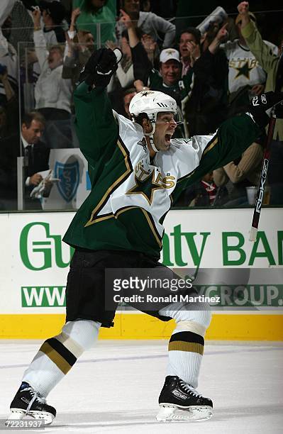 Defenseman Darryl Sydor of the Dallas Stars celebrates a goal in the third period against the Chicago Blackhawks at the American Airlines Center...