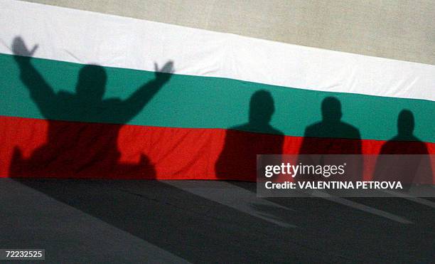 Shadows cast on Bulgarian flag of the ultra nationalist presidential candidate Volen Siderov and his party-goers during the final meeting of his...