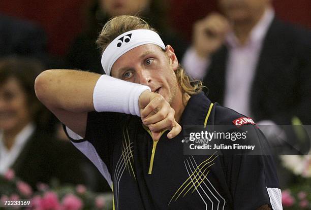 David Nalbandian of Argentina looks frustrated in his match against Roger Federer of Switzerland in the semi finals during day six of the ATP Madrid...