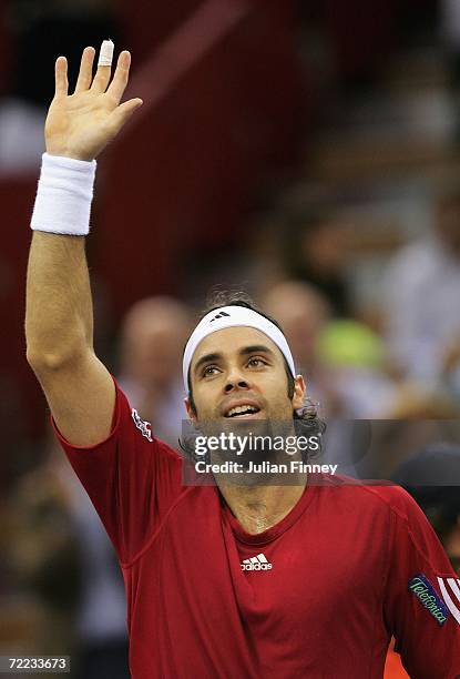 Fernando Gonzalez of Chile celebrates defeating Tomas Berdych of Czech Republic in the semi finals during day six of the ATP Madrid Masters Tennis at...