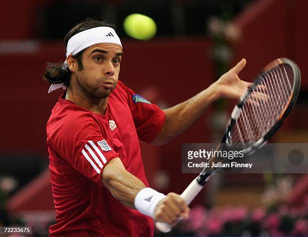 Fernando Gonzalez of Chile plays a backhand in his semi final match against Tomas Berdych of Czech Republic during day six of the ATP Madrid Masters...