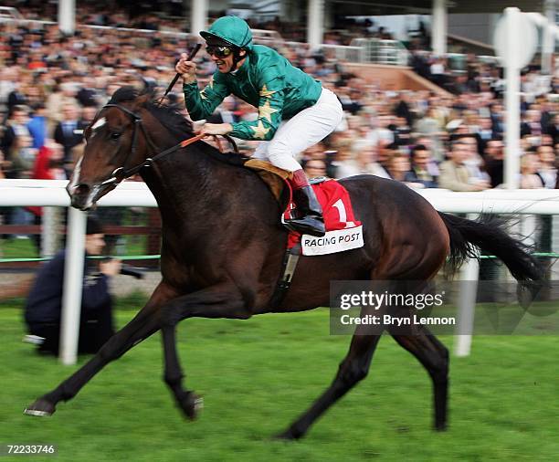Frankie Dettori riding Authorized crosses the line to win the Racing Post Trophy at Newbury Racecourse on October 21 2006 in Newbury, England.