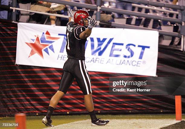 Chaz Schilens of the San Diego State Aztecs celebrates after scoring a touchdown against the Air Force Falcons on Saturday October 21, 2006 during...