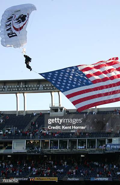 Member of the Air Force parachute jump team enters the stadium prior to the Air Force Falcons game against the San Diego State Aztecs on Saturday...