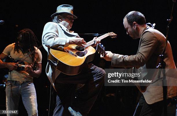 Boyd Tinsley special guest Neil Young, and Dave Matthews of the Dave Matthews Band perform as part of the 20th Annual Bridge School Benefit at...