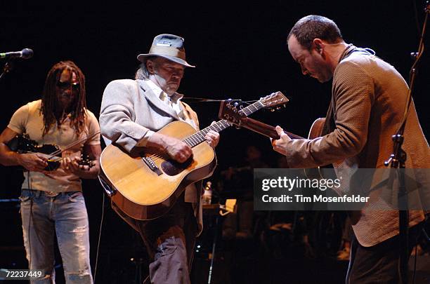 Boyd Tinsley special guest Neil Young, and Dave Matthews of the Dave Matthews Band perform as part of the 20th Annual Bridge School Benefit at...
