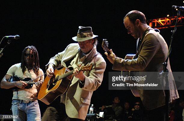 Boyd Tinsley special guest Neil Young, and Dave Matthews of the Dave Matthews Band perform as part of the 20th Annual Bridge School Benefit at...