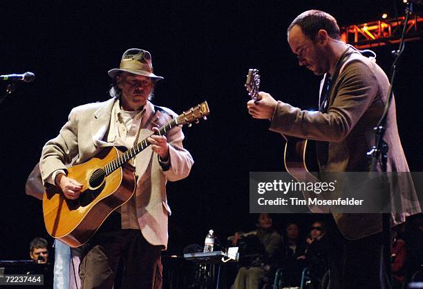 Boyd Tinsley special guest Neil Young, and Dave Matthews of the Dave Matthews Band perform as part of the 20th Annual Bridge School Benefit at...