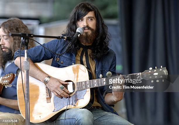 Devendra Banhart and the Bridge band perform as part of the 20th Annual Bridge School Benefit at Shoreline Amphitheatre on October 21, 2006 in...