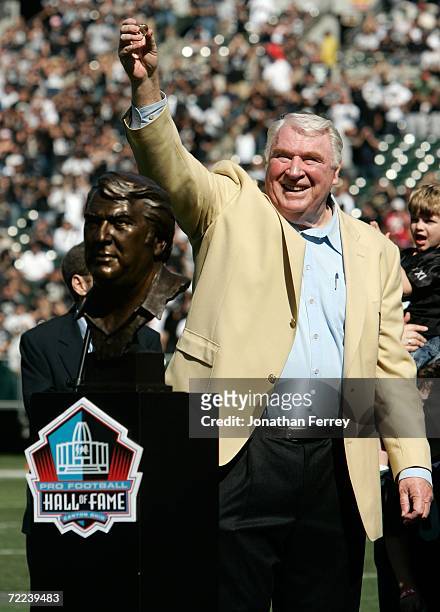 Former Head Coach John Madden of the Oakland Raiders is presented with his Hall of Fame Ring during a ceremony to honor his recent induction into the...