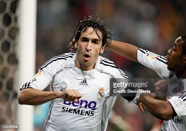 Raul Gonzalez of Real Madrid celebrates after scoring a goal during the Primera Liga match between Real Madrid and Barcelona at the Santiago Bernabeu...