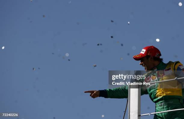 Felipe Massa of Brazil and Ferrari celebrates after winning the Brazilian Formula One Grand Prix at the Autodromo Interlagos on October 22, 2006 in...