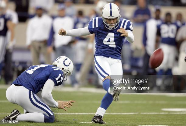 Adam Vinatieri of the Indianapolis Colts kicks a field goal during the NFL game against the Washington Redskins on October 22, 2006 at the RCA Dome...