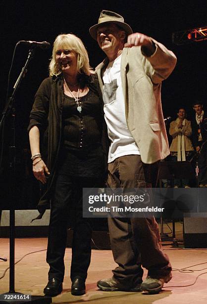 Pegi Young and Neil Young perform at the Bridge Benefit Finale as part of the 20th Annual Bridge School Benefit at Shoreline Amphitheatre on October...