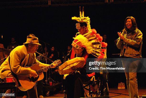 Neil Young and Chief Dennis Alley perform the Bridge Benefit Finale as part of the 20th Annual Bridge School Benefit at Shoreline Amphitheatre on...