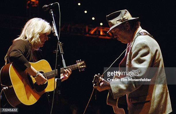 Pegi Young and Neil Young perform part of the 20th Annual Bridge School Benefit at Shoreline Amphitheatre on October 22, 2006 in Mountain View...