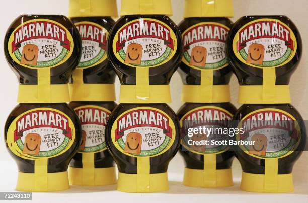 Jars of Marmite sit on display during the Marmart exhibition at the Air Gallery on October 23, 2006 in London, England. Artist Dermot Flynn has...