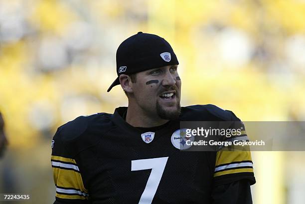 Quarterback Ben Roethlisberger of the Pittsburgh Steelers on the field before the start of a game against the Kansas City Chiefs at Heinz Field on...