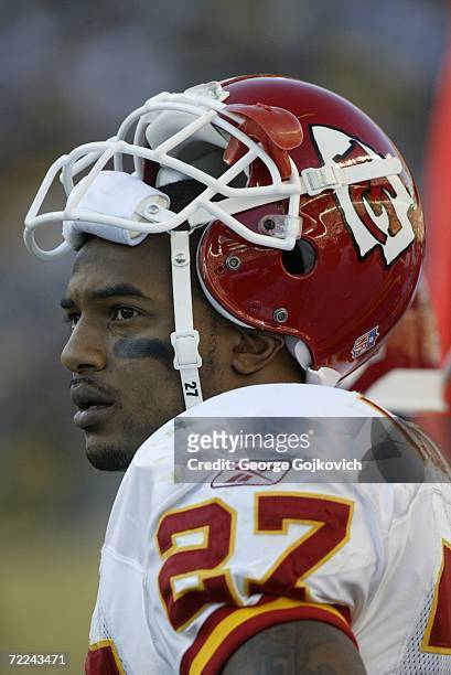 Running back Larry Johnson of the Kansas City Chiefs on the sideline during a game against the Pittsburgh Steelers at Heinz Field on October 15, 2006...