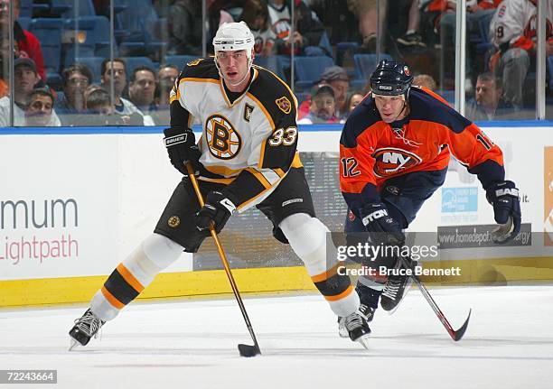 Zdeno Chara of the Boston Bruins skates during the game against the New York Islanders on October 14, 2006 at the Nassau Coliseum in Uniondale, New...