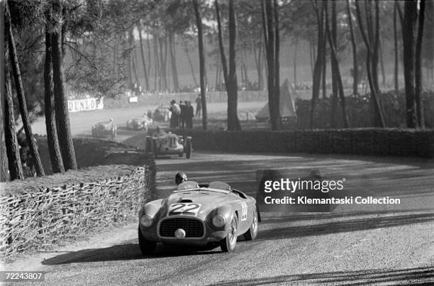 Luigi Chinetti drives the Lord Selsdon entered Ferrari 166 MM Ferrari V12 round the Esses at Le Mans in the early laps of the 24 Hours of Le Mans...