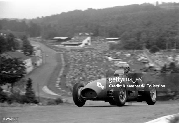 Alberto Ascari tops the hill at Raidillon on his way to a victory with the Ferrari 500 F2 during the Belgian Grand Prix, Spa-Francorchamps, 22nd June...