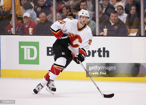 Kristian Huselius of the Calgary Flames skates against the Boston Bruins on October 19, 2006 at TD Banknorth Garden in Boston, Massachusetts. The...