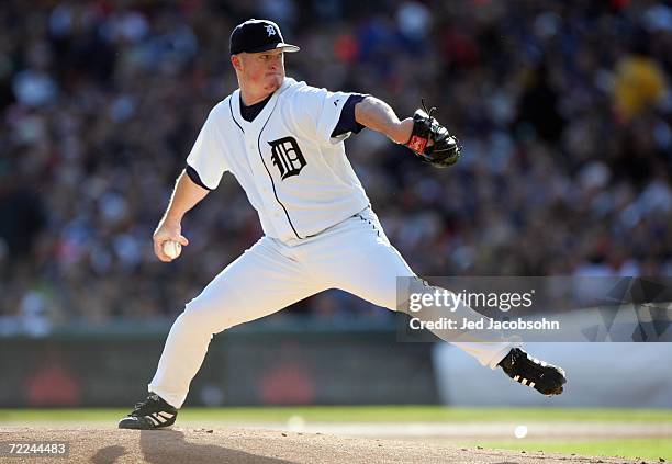 Starting pitcher Jeremy Bonderman of the Detroit Tigers pitches against the Oakland Athletics during Game Four of the American League Championship...