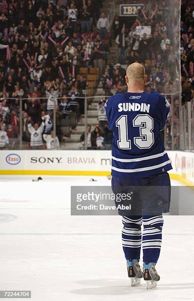 Mats Sundin of the Toronto Maple Leafs skates on the ice at the end of the game against the Calgary Flames at Air Canada Centre on October 14, 2006...