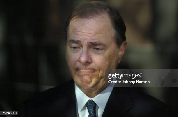 Former Enron Chief Executive Jeffrey Skilling talks to the media outside the Bob Casey United States Court House October 23 in Houston, Texas....