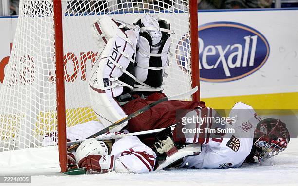 Goalie Curtis Joseph of the Phoenix Coyotes topples over teammate Oleg Saprykin as Saprykin crashes into the Coyotes net during their match against...