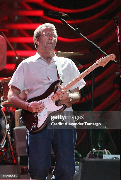 Singer Eric Clapton performs during the Eric Clapton concert at American Airlines Arena on October 23, 2006 in MIami, Florida.