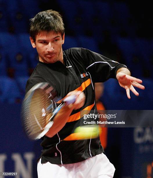 Jan Hajek of Czech Republic in action against Jiri Novak of Czech Republic during the ATP Davidoff Swiss Open at St.Jakobshalle on October 24, 2006...