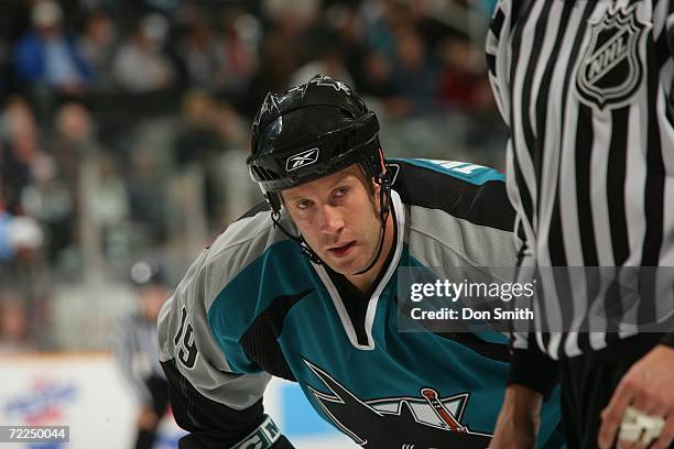 Joe Thornton of the San Jose Sharks readies for a faceoff during a preseason game against the Calgary Flames on September 30, 2006 at the HP Pavilion...