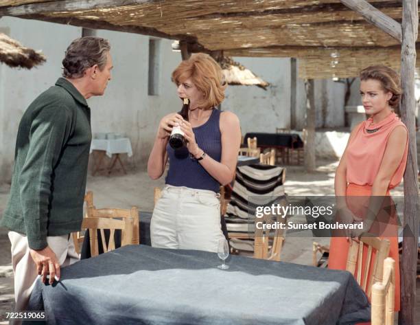 Peter Finch , Melina Mercouri and Romy Schneider on the set of '10:30 P.M. Summer', directed by Jules Dassin, 1965. (Photo by Argos...