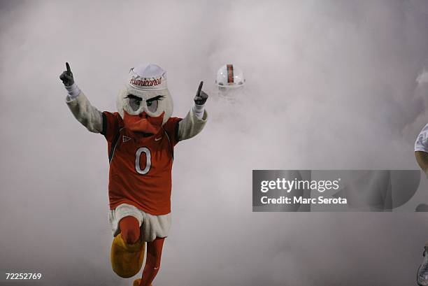 The Miami Hurricanes mascot Sebastian The Ibis runs on the field before the game against the Florida International Panthers at the Orange Bowl on...