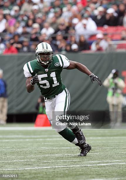 Jonathan Vilma of the New York Jets moves on the field during the game against the Detroit Lions on October 22, 2006 at Giants Stadium in East...